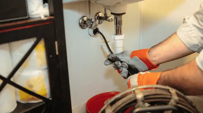 Drain cleaning technician using a motorized plumbing snake to clear a clogged sink pipe in Lakeland, FL