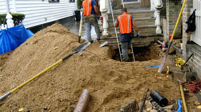 Contractors performing foundation protection and exterior drainage excavation near residential home steps in Lakeland, FL